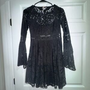 Free People Black Lace Bell Sleeve Mini Dress